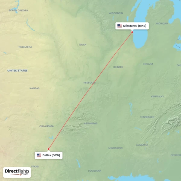 Dallas - Milwaukee direct flight map