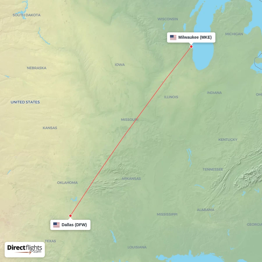 DFW - MKE route map