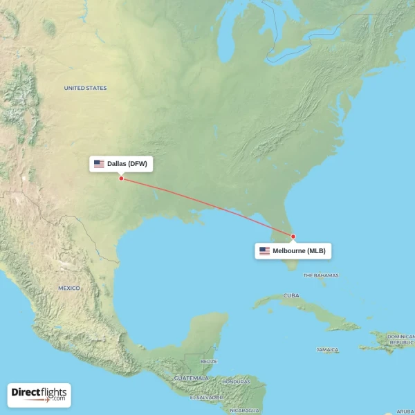 Dallas - Melbourne direct flight map