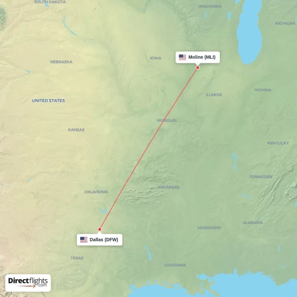 Dallas - Moline direct flight map
