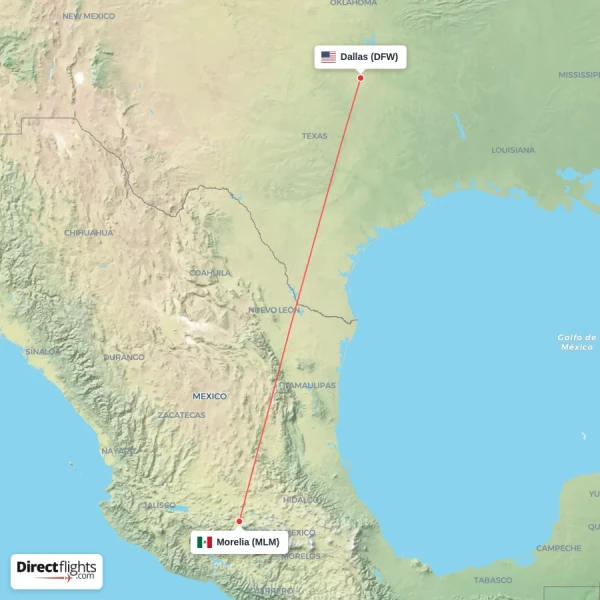 Dallas - Morelia direct flight map