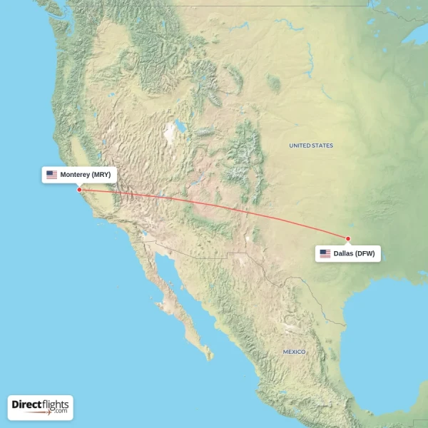 Dallas - Monterey direct flight map