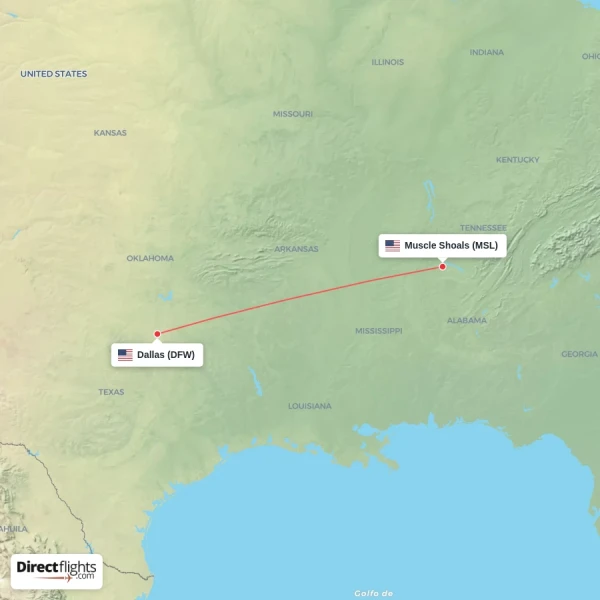 Dallas - Muscle Shoals direct flight map