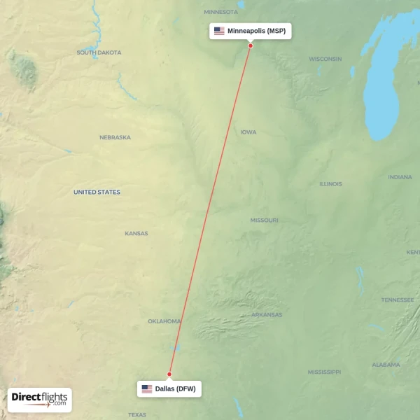 Dallas - Minneapolis direct flight map