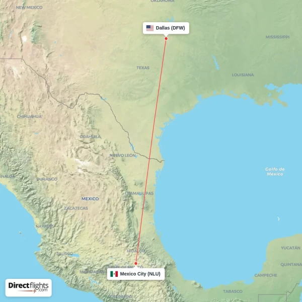 Dallas - Mexico City direct flight map