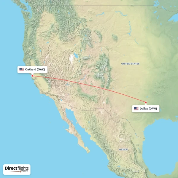 Dallas - Oakland direct flight map