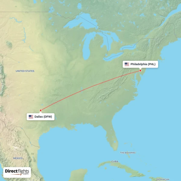 Dallas - Philadelphia direct flight map