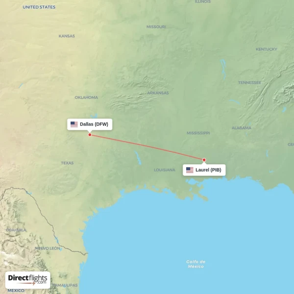 Dallas - Laurel direct flight map
