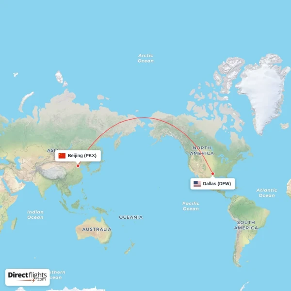 Dallas - Beijing direct flight map