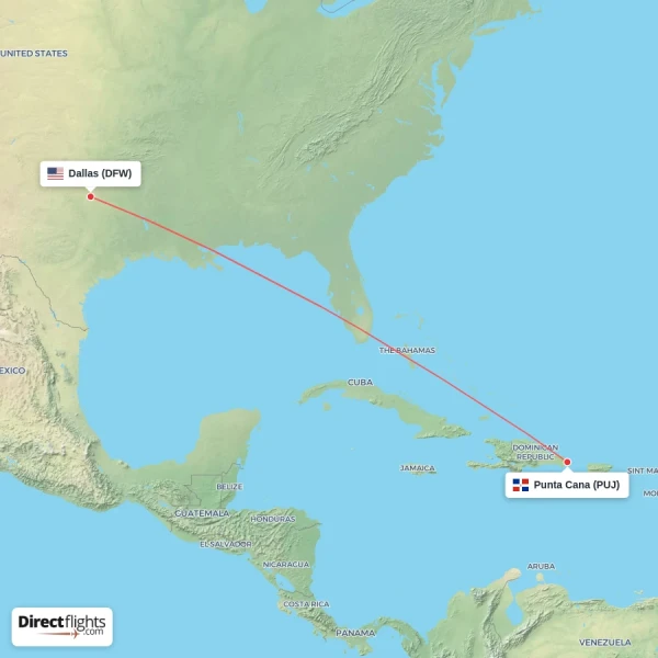 Dallas - Punta Cana direct flight map