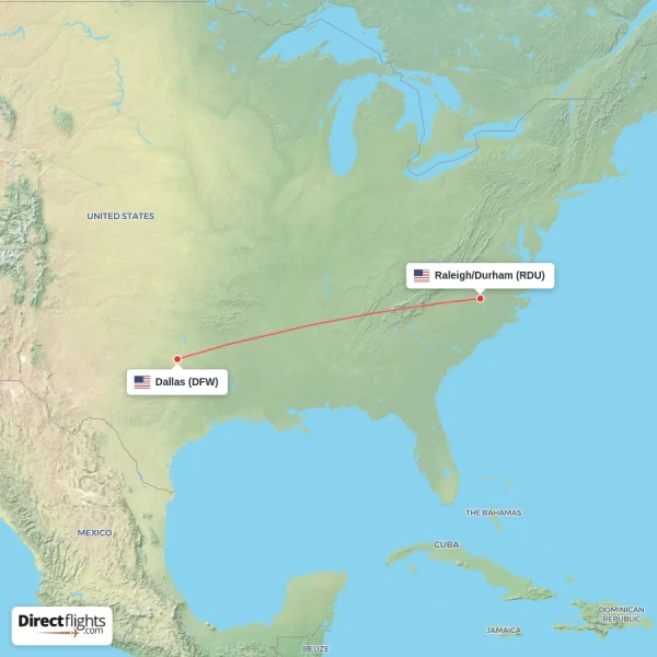 Dallas - Raleigh/Durham direct flight map