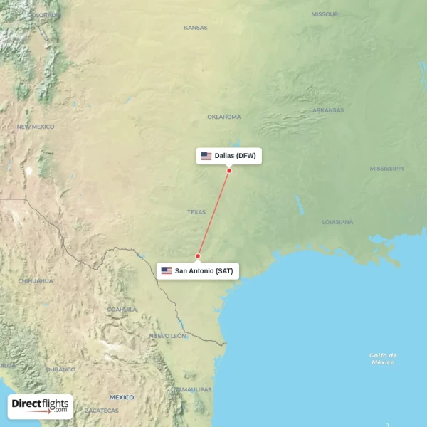 Dallas - San Antonio direct flight map