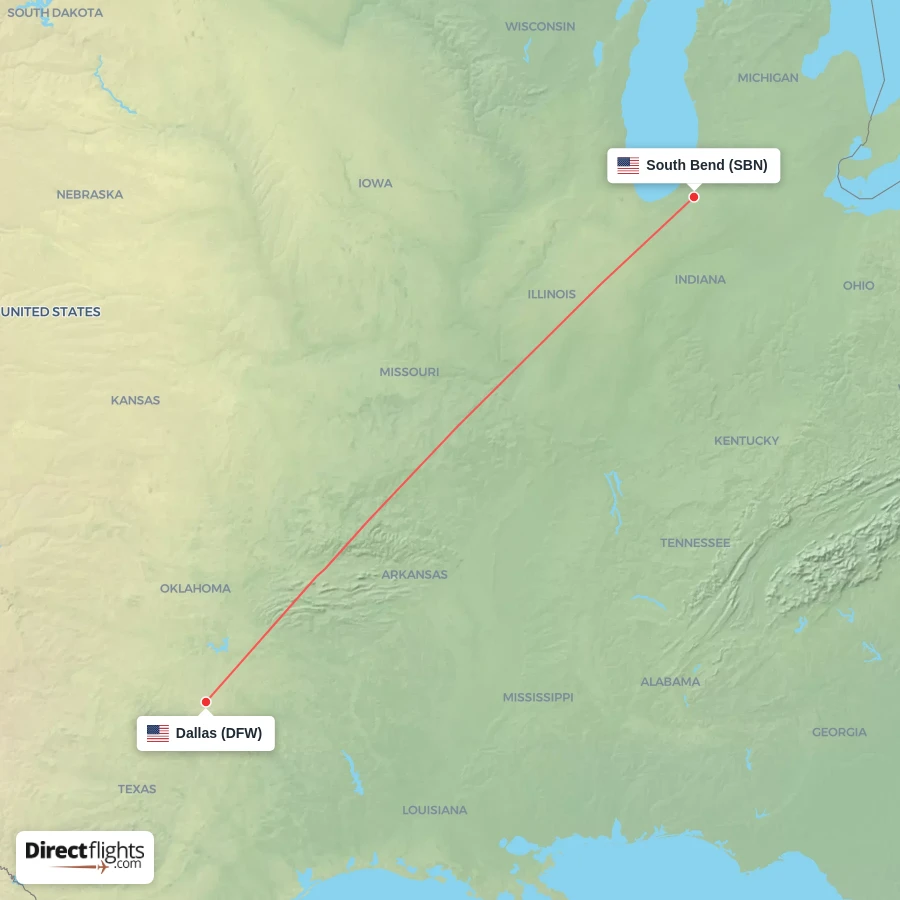 DFW - SBN route map