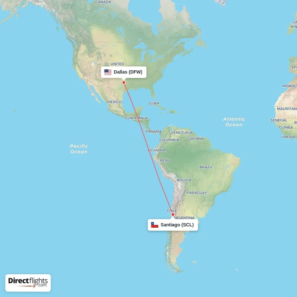Dallas - Santiago direct flight map