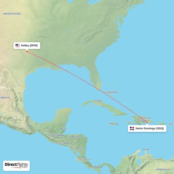 Dallas - Santo Domingo direct flight map