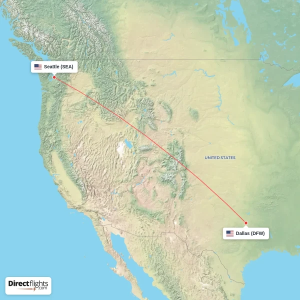 Dallas - Seattle direct flight map