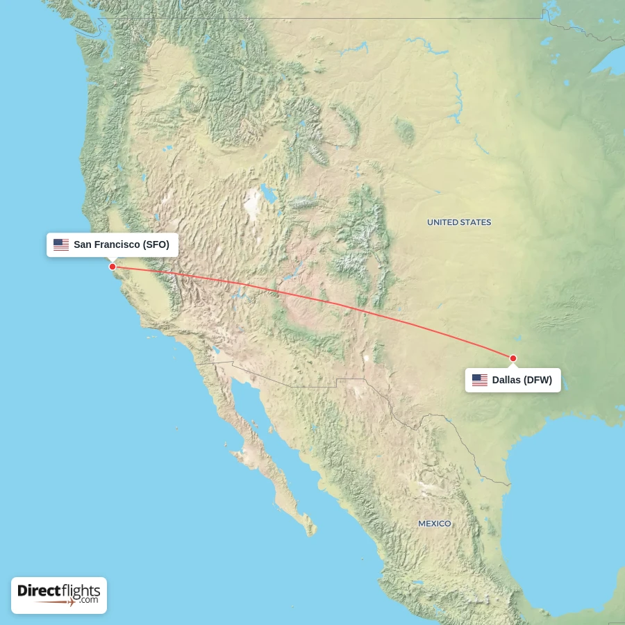DFW - SFO route map