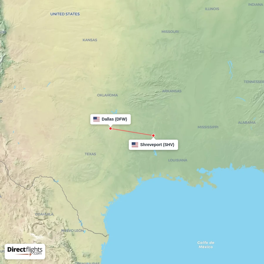 DFW - SHV route map