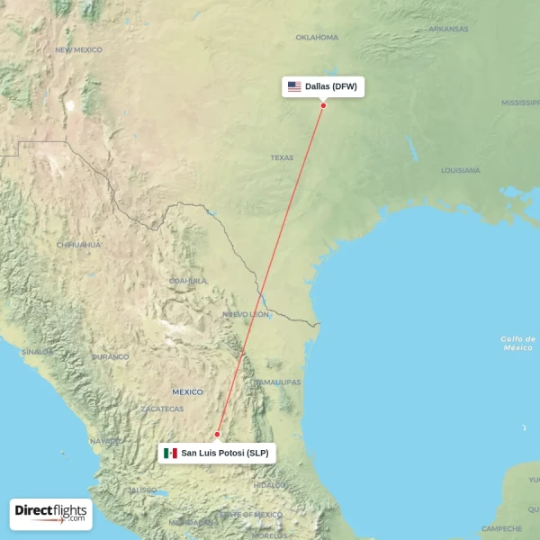Dallas - San Luis Potosi direct flight map