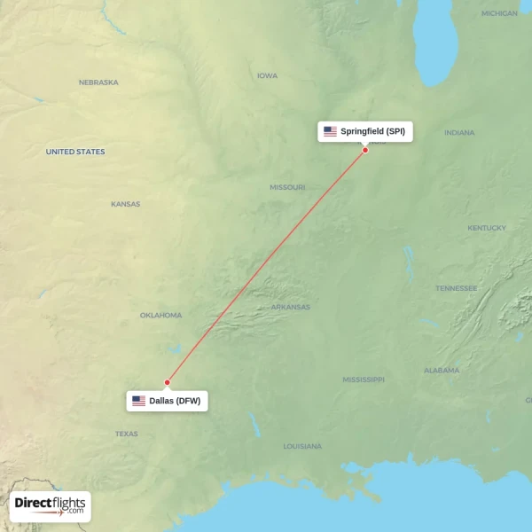 Dallas - Springfield direct flight map