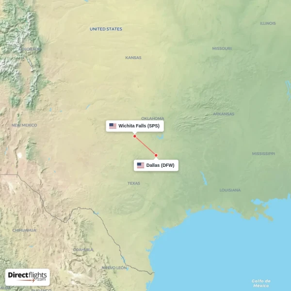 Dallas - Wichita Falls direct flight map