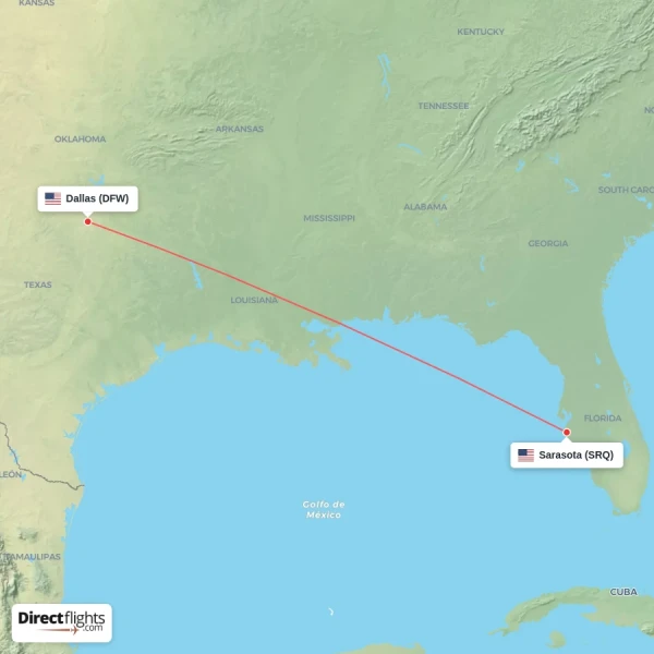 Dallas - Sarasota direct flight map