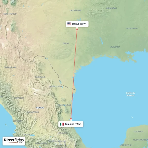 Dallas - Tampico direct flight map