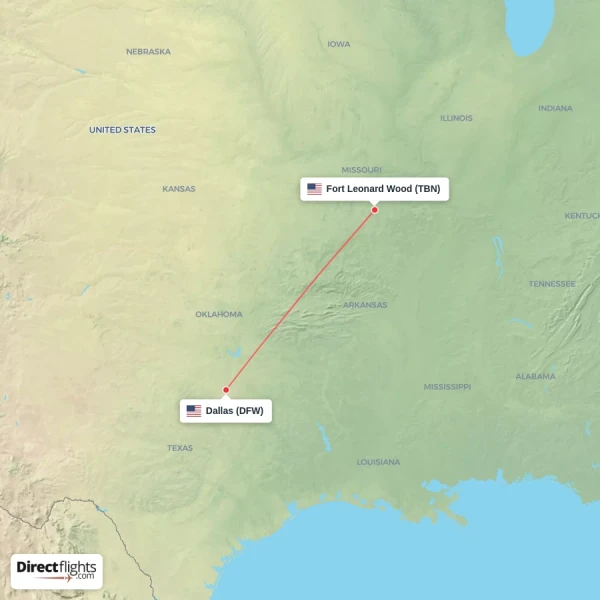 Dallas - Fort Leonard Wood direct flight map
