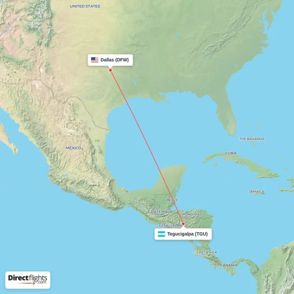 Dallas - Tegucigalpa direct flight map