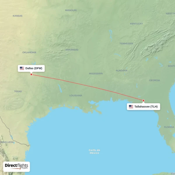 Dallas - Tallahassee direct flight map