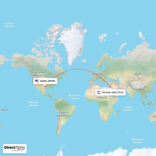 Dallas - Tel Aviv-Yafo direct flight map