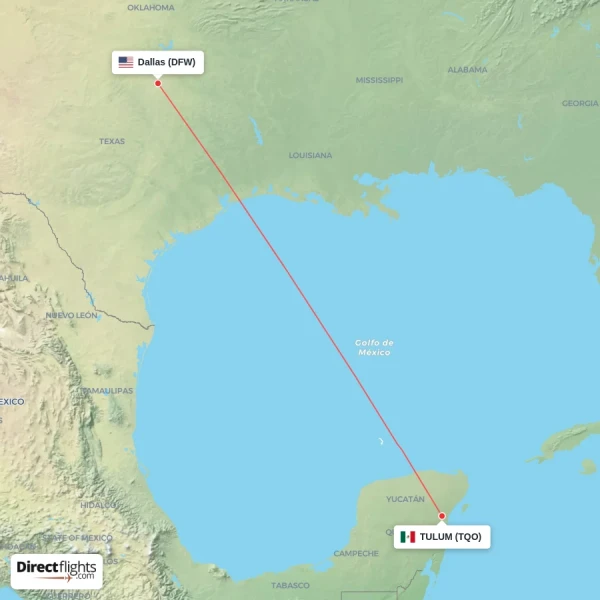 Dallas - TULUM direct flight map