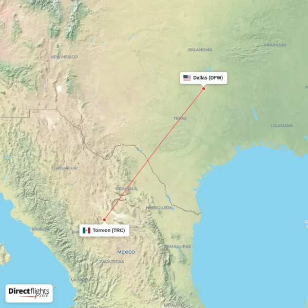 Dallas - Torreon direct flight map