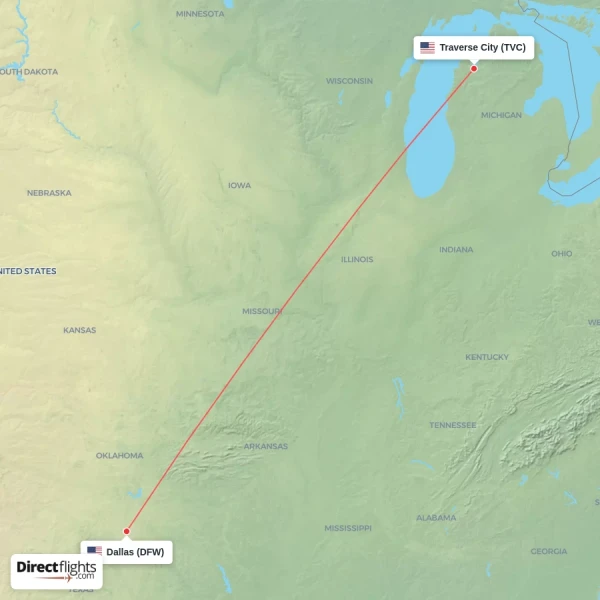 Dallas - Traverse City direct flight map