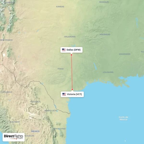 Dallas - Victoria direct flight map
