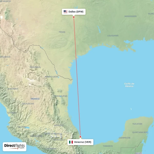 Dallas - Veracruz direct flight map
