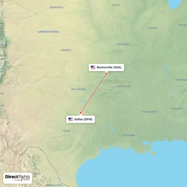 Dallas - Bentonville direct flight map