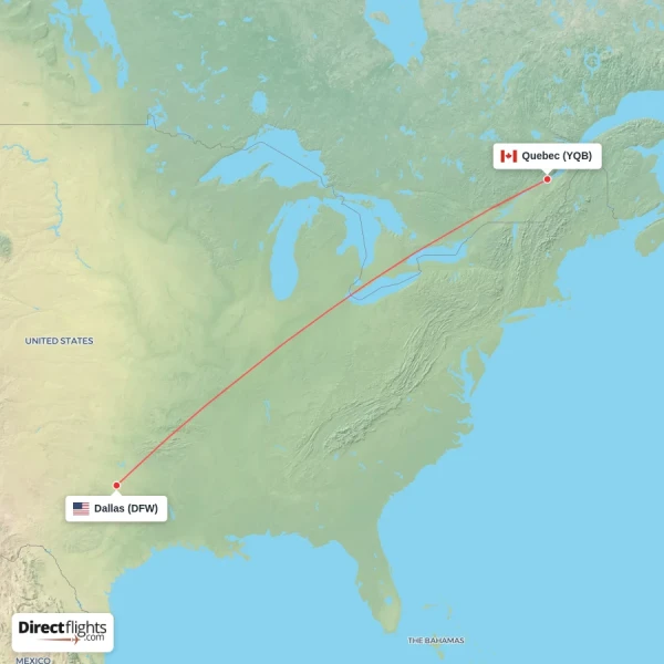 Dallas - Quebec direct flight map