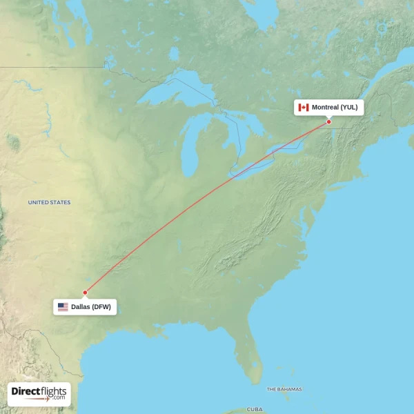 Dallas - Montreal direct flight map