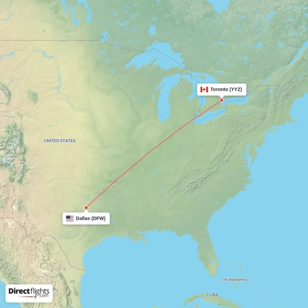 Dallas - Toronto direct flight map