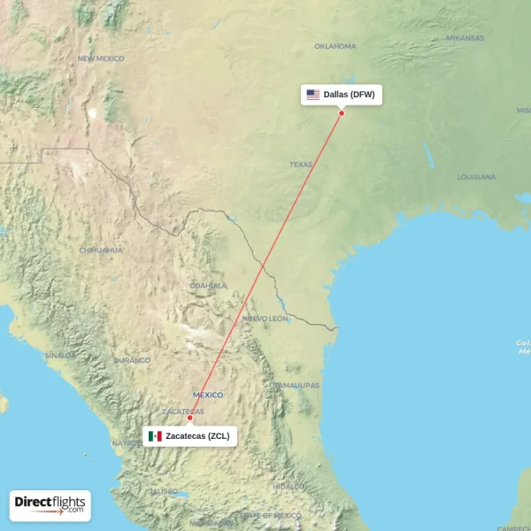 Dallas - Zacatecas direct flight map