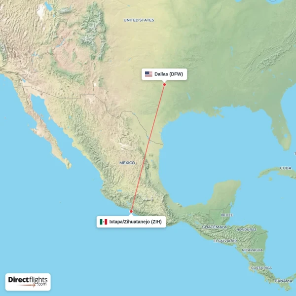 Dallas - Ixtapa/Zihuatanejo direct flight map