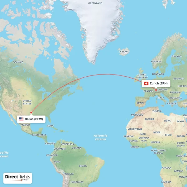 Dallas - Zurich direct flight map