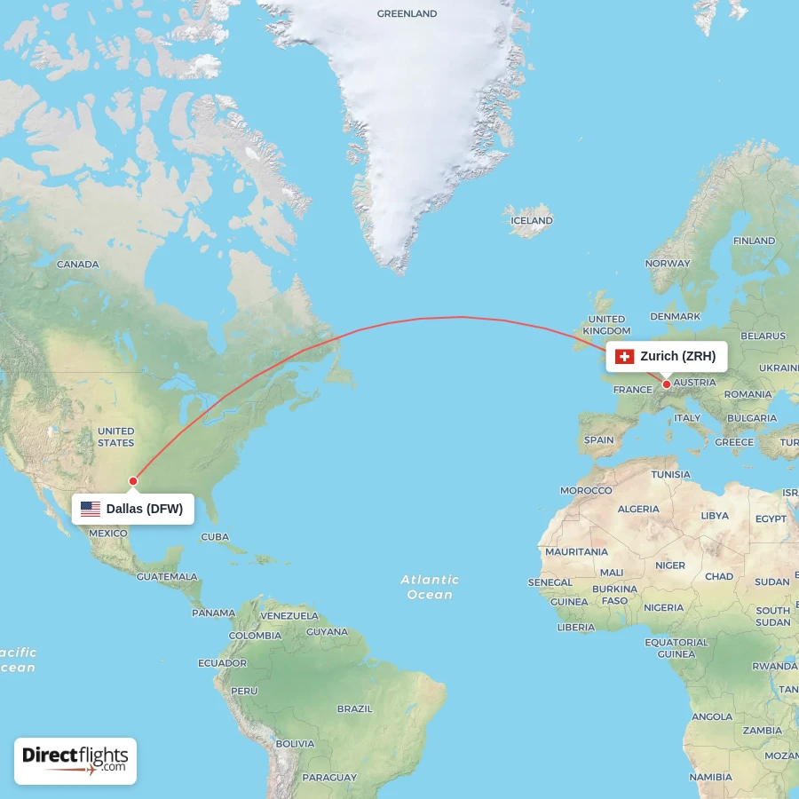 DFW - ZRH route map