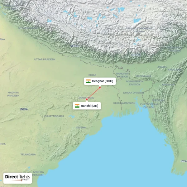 Deoghar - Ranchi direct flight map