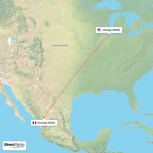 Durango - Chicago direct flight map