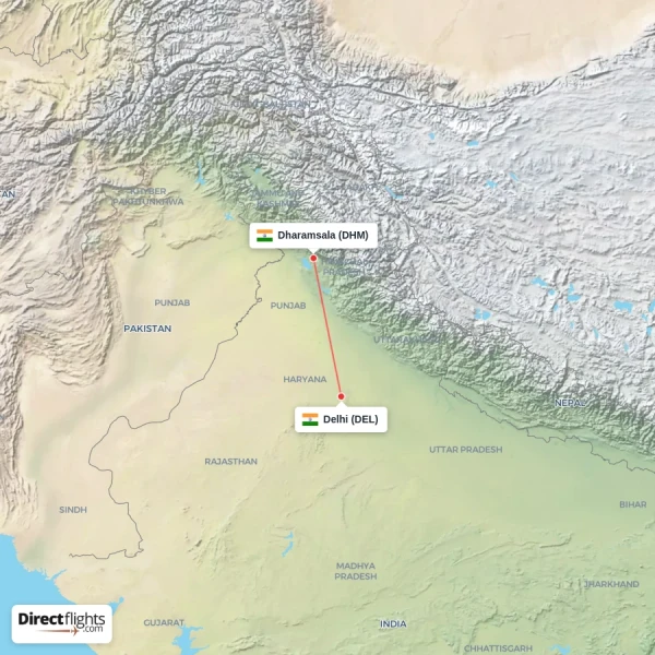 Dharamsala - Delhi direct flight map