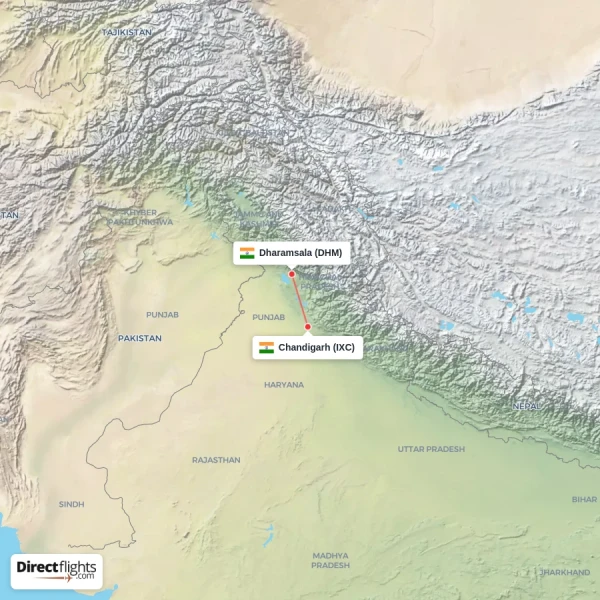 Dharamsala - Chandigarh direct flight map