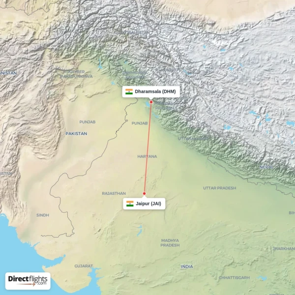 Dharamsala - Jaipur direct flight map