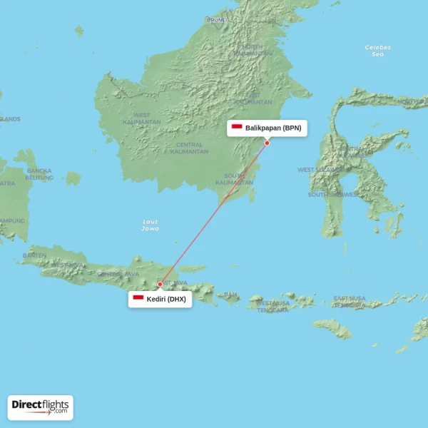 Kediri - Balikpapan direct flight map